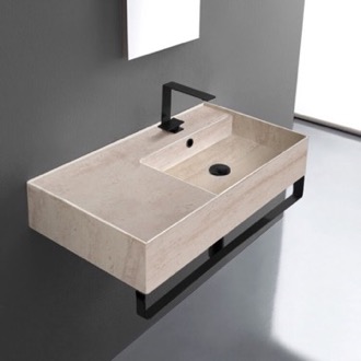 Bathroom Sink Beige Travertine Design Ceramic Wall Mounted Sink With Matte Black Towel Bar Scarabeo 5118-E-TB-BLK